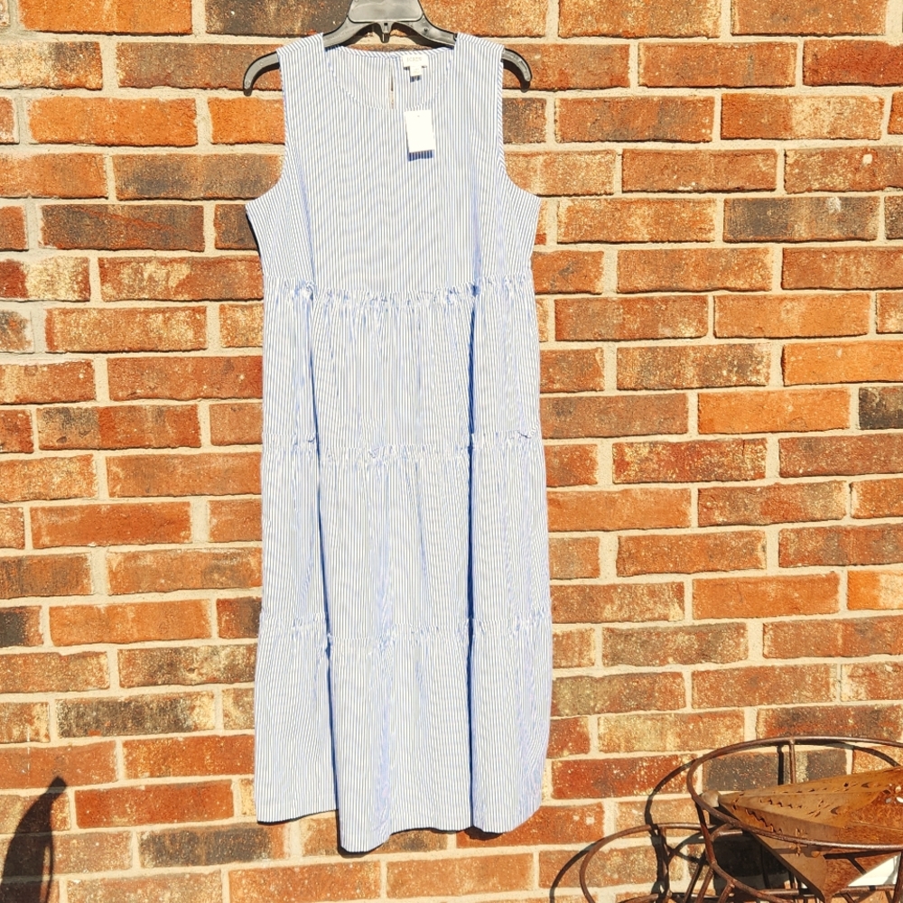 NWT J Crew Blue and White Sleeveless Tiered Midi Dress
